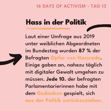 Laut einer Umfrage aus dem Jahr 2019 unter weiblichen Abgeordneten im Bundestag wurden 87 % der Befragten Opfer von Hassrede - einige gaben an, nahezu täglich mit digitaler Gewalt umgehen zu müssen. 

Jede zehnte der befragten Parlamentarierinnen habe mit dem Gedanken gespielt, sich aus der Politik zurückzuziehen.
